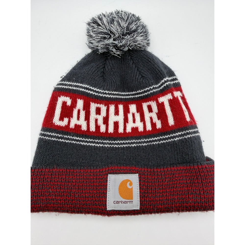 Carhartt Mens Knit Pom Beanie Hat Grey Red White Logo Cuffed Winter Cap